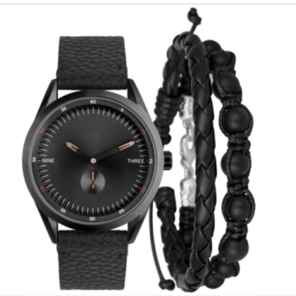 NWT INC Men's Faux-Leather Strap Watch 43mm Gift Set, Created for Macy's - Black